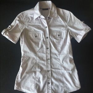 Purple and white plaid button down shirt